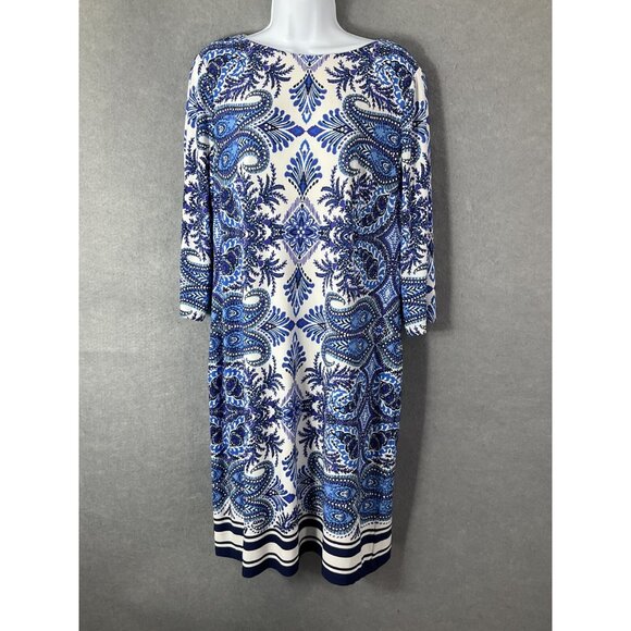 Chico's Dress Womens Sz 2 (12 US) Classic Boho Paisley Blue White Resort Summer - Picture 1 of 10